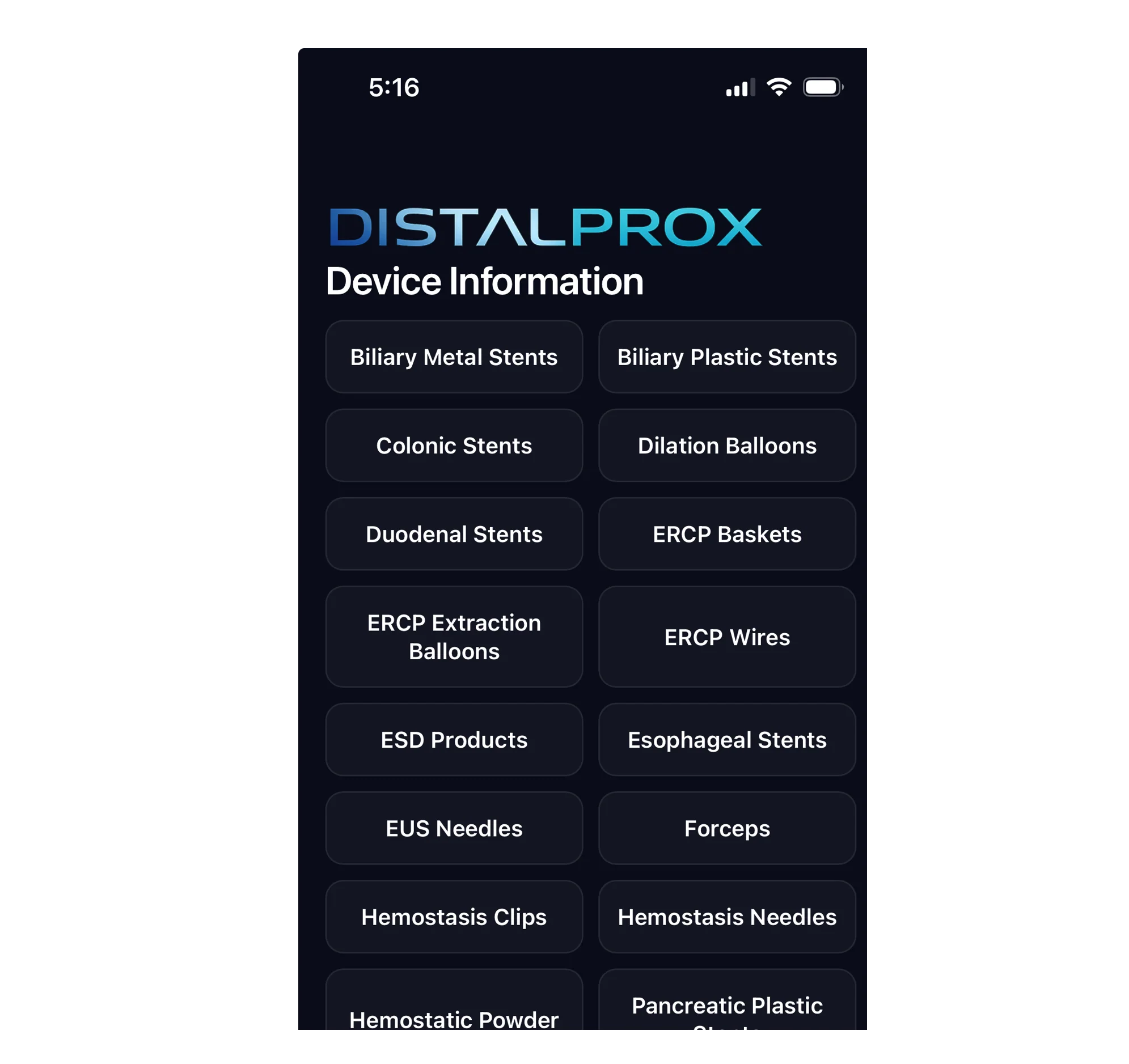 DistalProx device categories screen