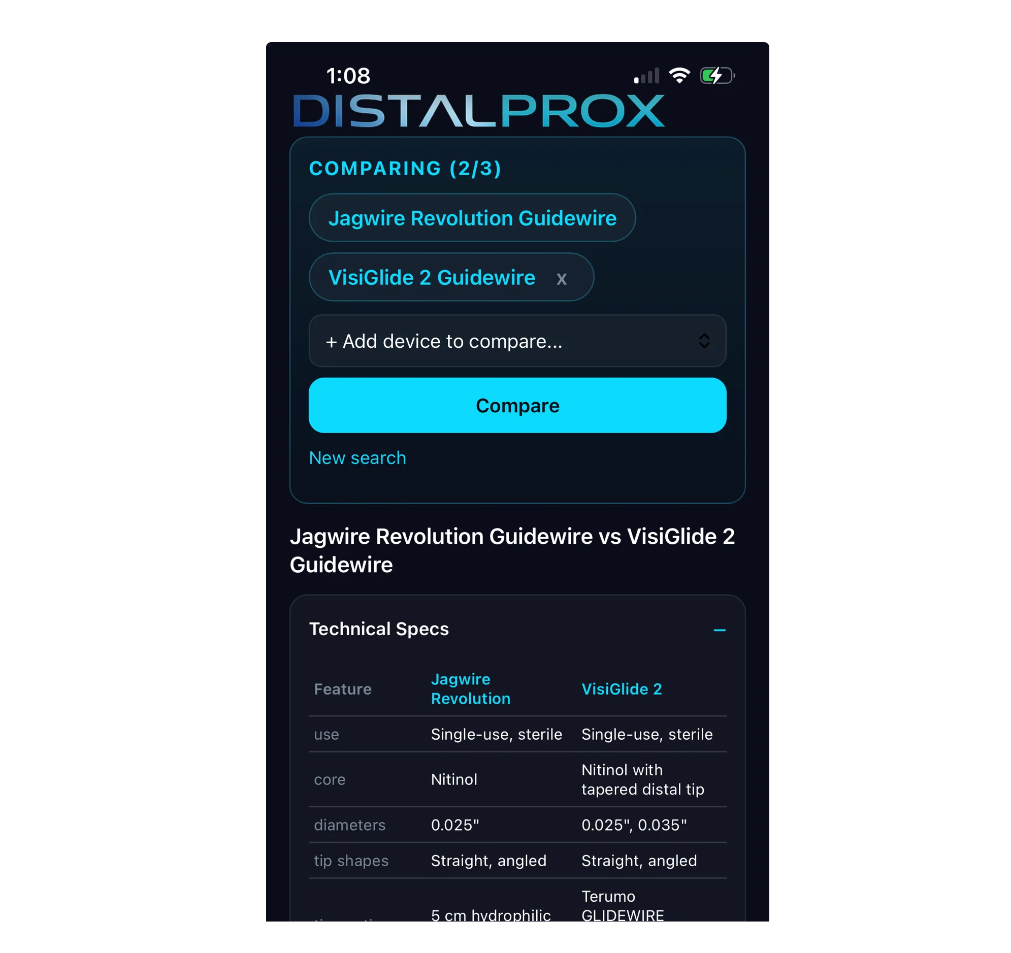 DistalProx device comparison screen