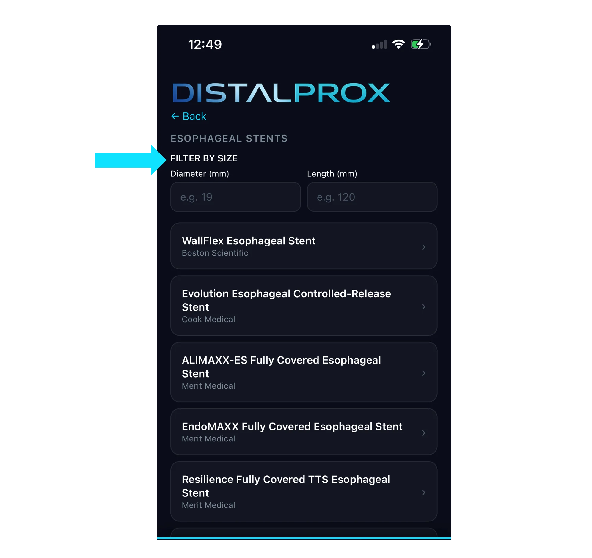 DistalProx filter by size screen